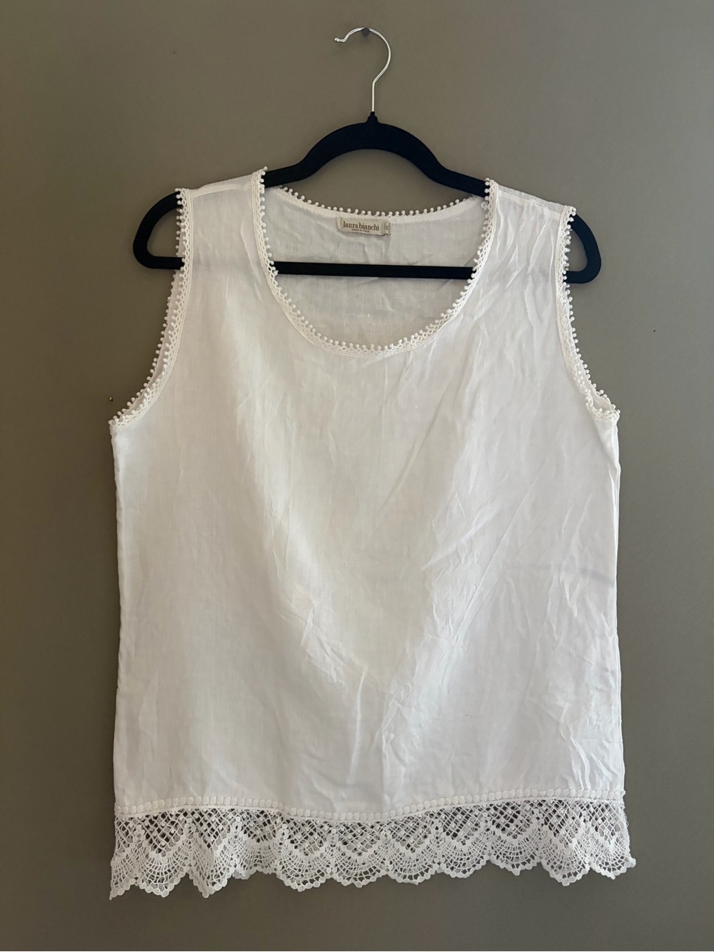 Laura Bianchi Made in Italy White 100% Linen Tank Top Lace Trim Boho Cottagecore